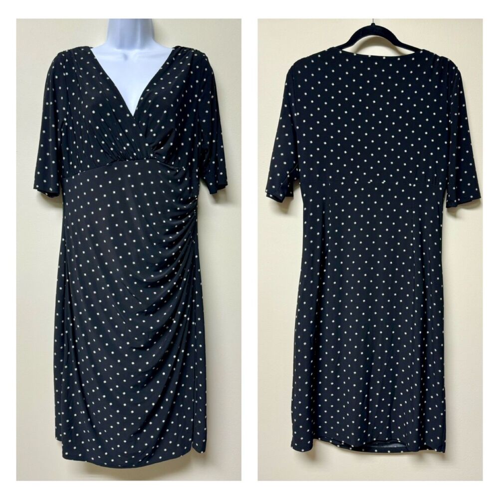 LAUREN RALPH LAUREN Black Star Print Faux Wrap Career Midi Dress, Sz 12